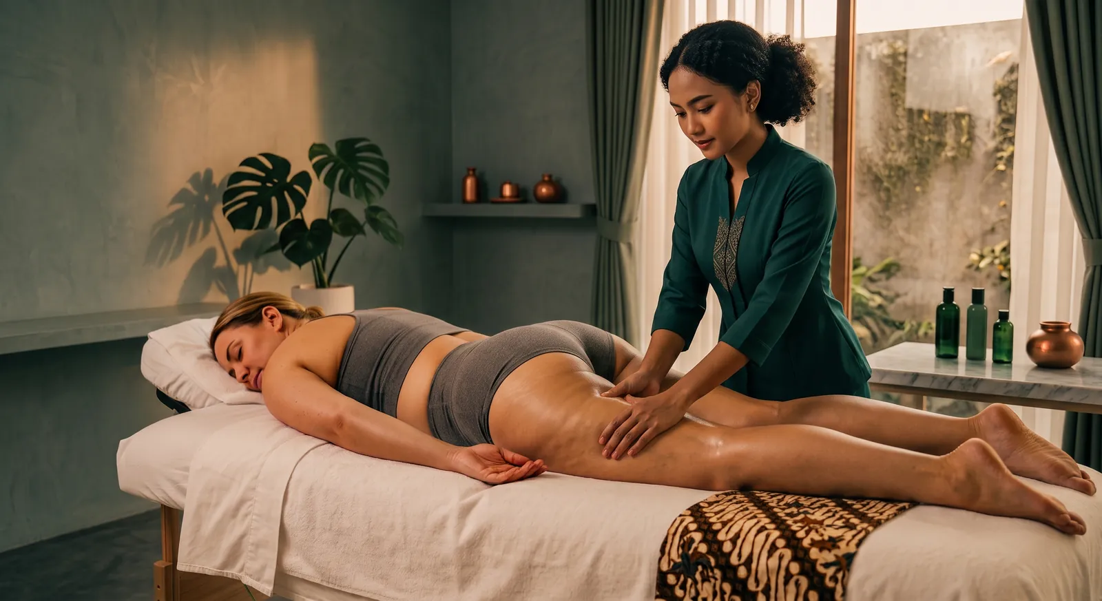Therapist giving an anti-cellulite massage on the thighs in a Bali villa