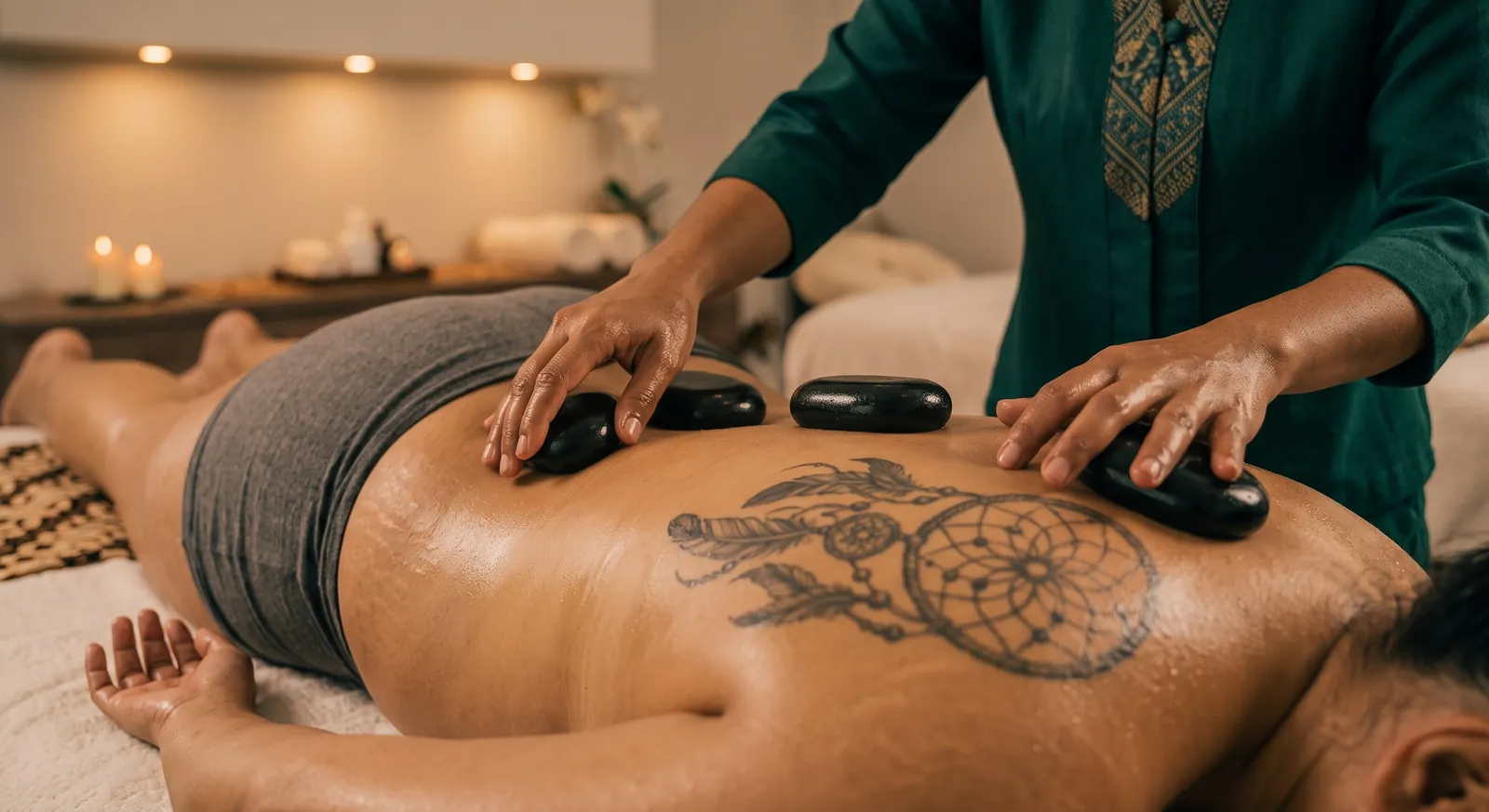 Therapist placing warm basalt stones along a guest's back during a hot stone massage in Bali